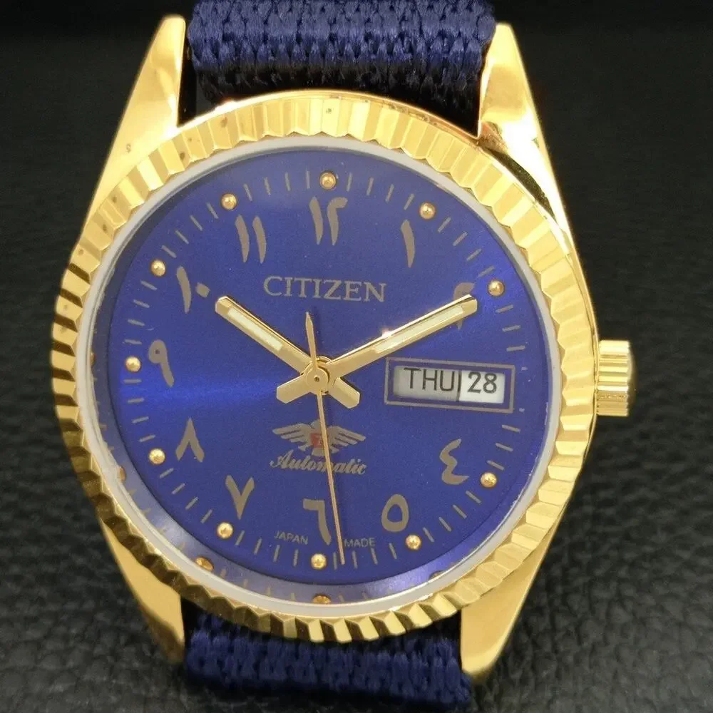 Vintage 1983 Citizen Automatic Mens Gold Watch W/daydate & Blue accents